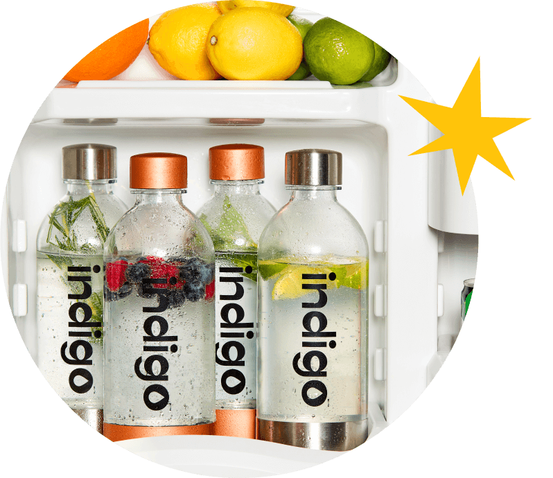 Quatre bouteilles d'eau réutilisables de la marque Indigo, contenant des tranches de fruits et des herbes, sont rangées dans un réfrigérateur, à côté d'un bol de fruits.