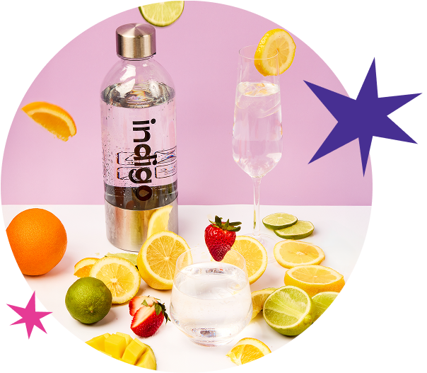 Reusable Indigo Soda bottle, sparkling water, cocktail glasses, sliced citrus, strawberries, mango, pink background, purple and pink stars, refreshing drink, eco-friendly and durable solution, perfect for fruity cocktails.