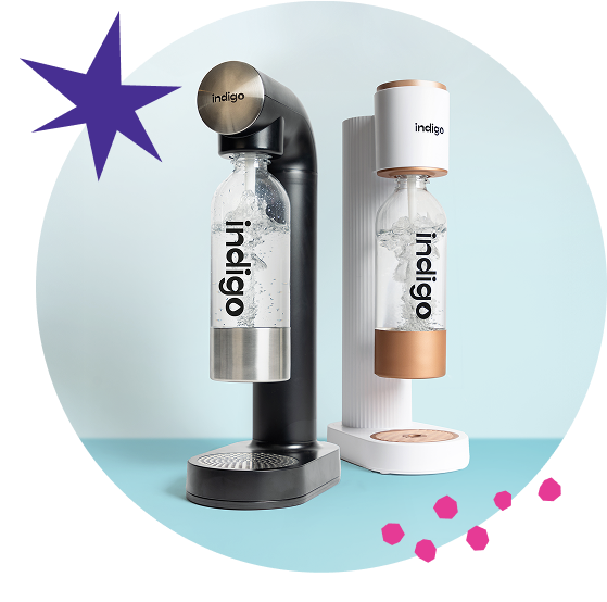 Two Indigo Soda sparkling water carbonate makers, black and rose gold design, reusable bottle, visible bubbles, light blue background, purple star, pink shapes, modern and sleek appliances, eco-friendly and durable.