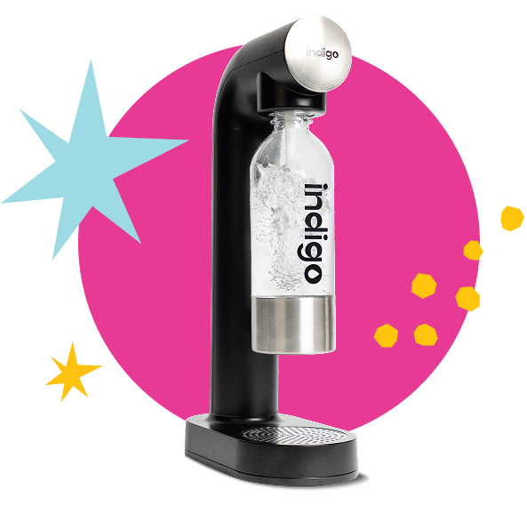 Indigo Soda sparkling water maker, black and aluminum design, reusable bottle, visible bubbles, dynamic pink background, blue and yellow star, sleek and modern appliance, eco-friendly and durable.